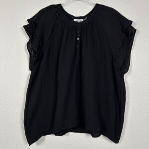 Calvin Klein women plus size 1X popover blouse top black gauze cotton ruffle sl